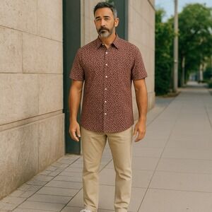 Joseph Abboud Modern Fit Men Button Up Shirt Burgundy Floral XL Short Sleeve NWT